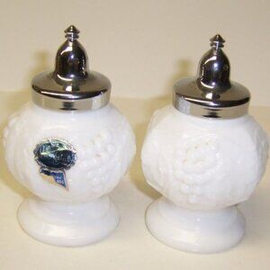 Imperial Milk Glass GRAPE Footed Salt and Pepper Shakers with Original Label